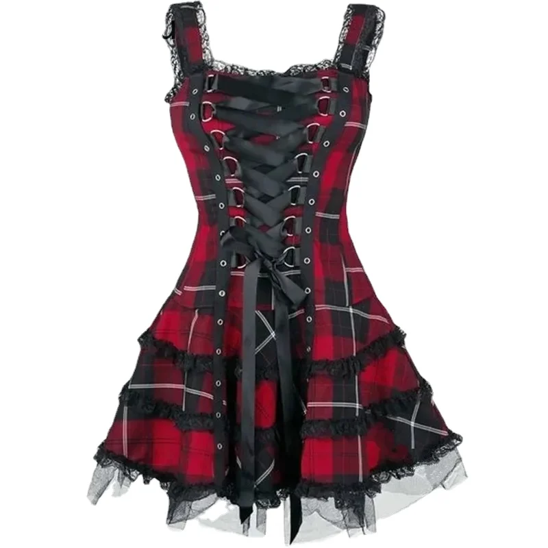 

Goth Punk Plaid Bandage Gothic Women A-line Dresses Grunge Aesthetic Lace Trim Patchwork Mini Dress Punk Bodycon Sexy Partywear