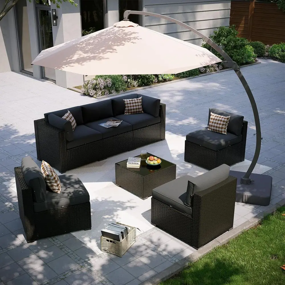 

Patio urniture Set with Umbrella, 8 Piece Outdoor Sectional Soas, Wicker Rattan Outdoor urniture with Thickened Cushion or Backy