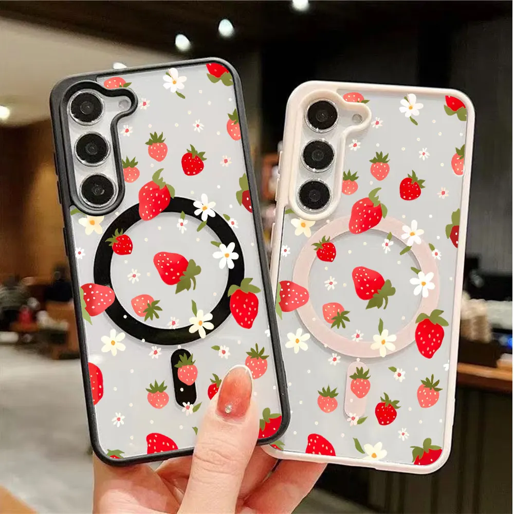 Magnetic Wireless Charging Phone Case For Samsung Galaxy S26 S25 S24 S23 S22 Ultra Plus FE 5G Strawberry Flower Print Back Cover - view 6