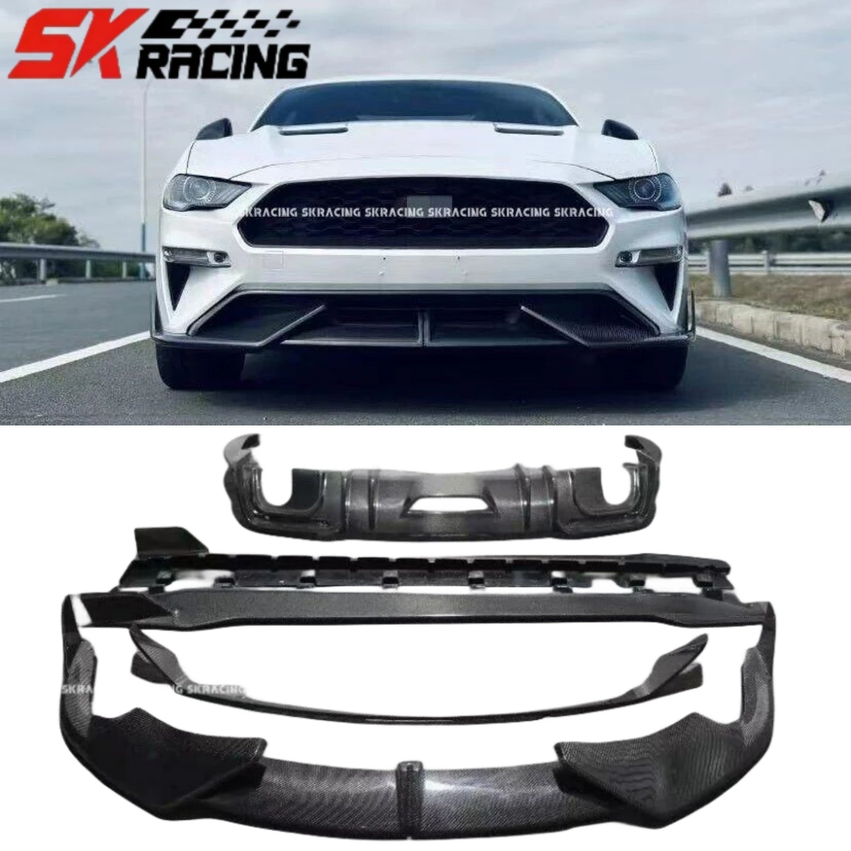 Fit For Ford Mustang 2018-2023 Protective Real Carbon Fiber Car Body Kits Side Skirts Front Bumper Lip Rear   Splitter