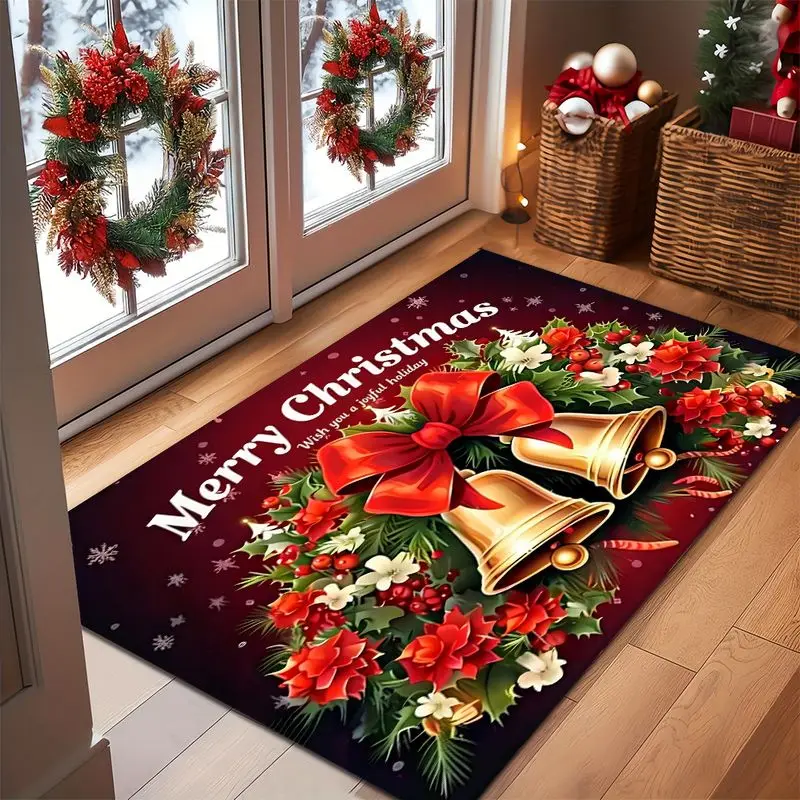 VIKAMA Christmas Welcome Mat Gold Bells Red Bow Poinsettia Merry Xmas Front Rug Soft Non Slip 2027 Christmas Home Decor