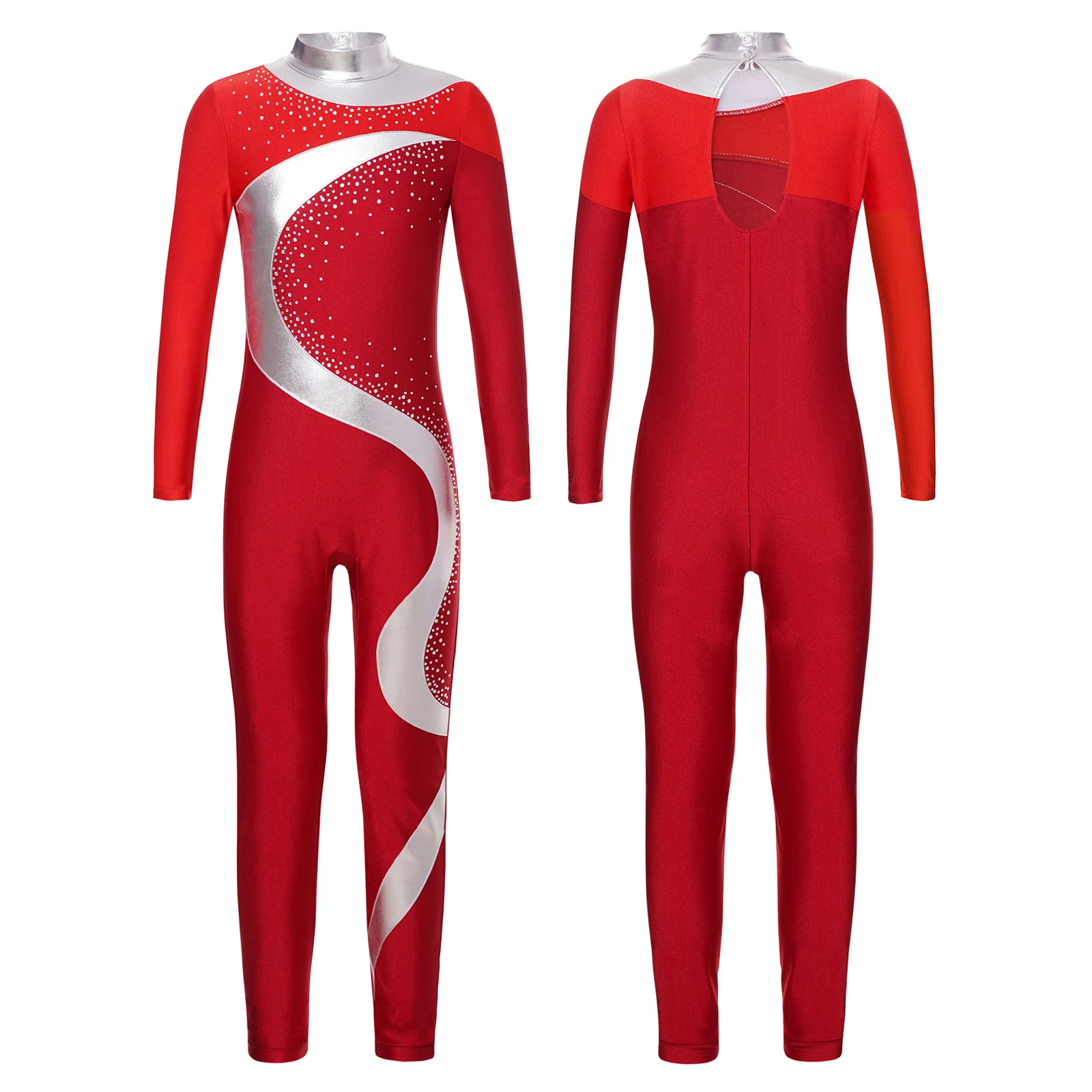 Kids Girls Metallic Patchwork Jumpsuit Long Sleeve Rhinestones Bodysuit for Figure Skating Dance Rhythmic Gymnastics Performance