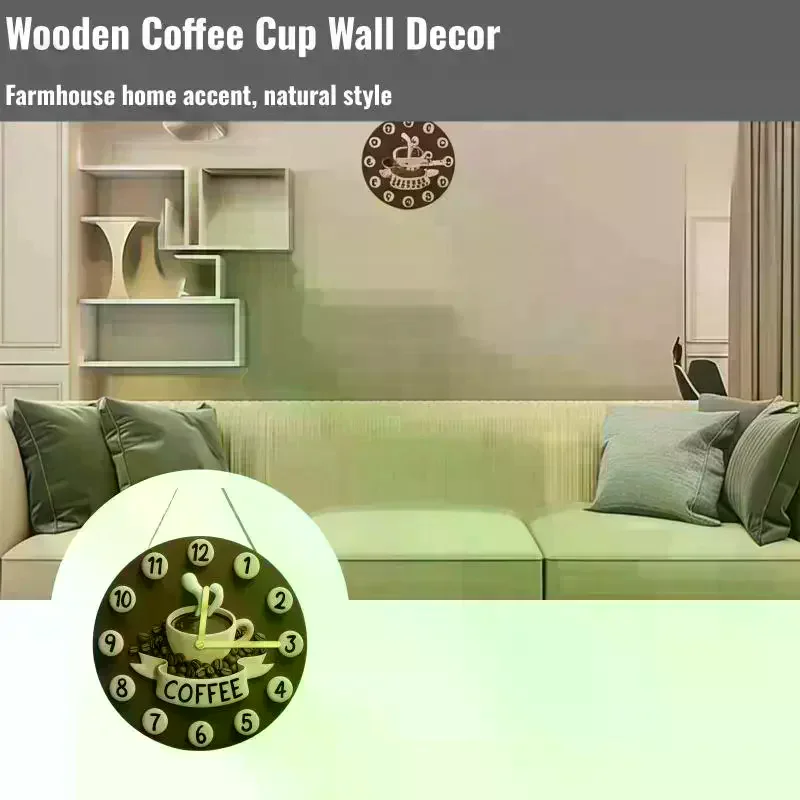Fresh Brewed Hot Choco Coffee Decorative Wall Hanging Round Clock Creative Wooden Cup Sign 2D
