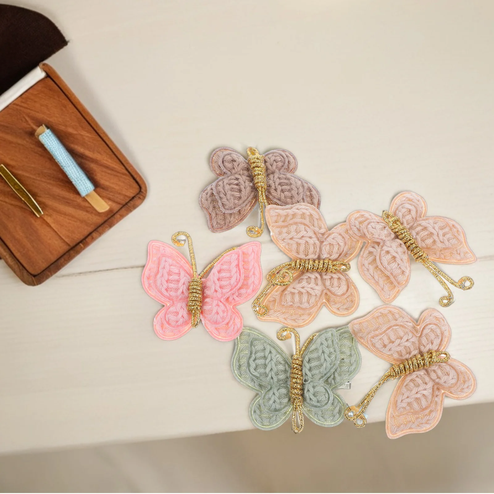 

6 Pcs Butterfly Hair Clips for Girls Soft Pure Color Handmade Yarn Wrapped Mini Tiny Hairpins Decorative Accessories Kids
