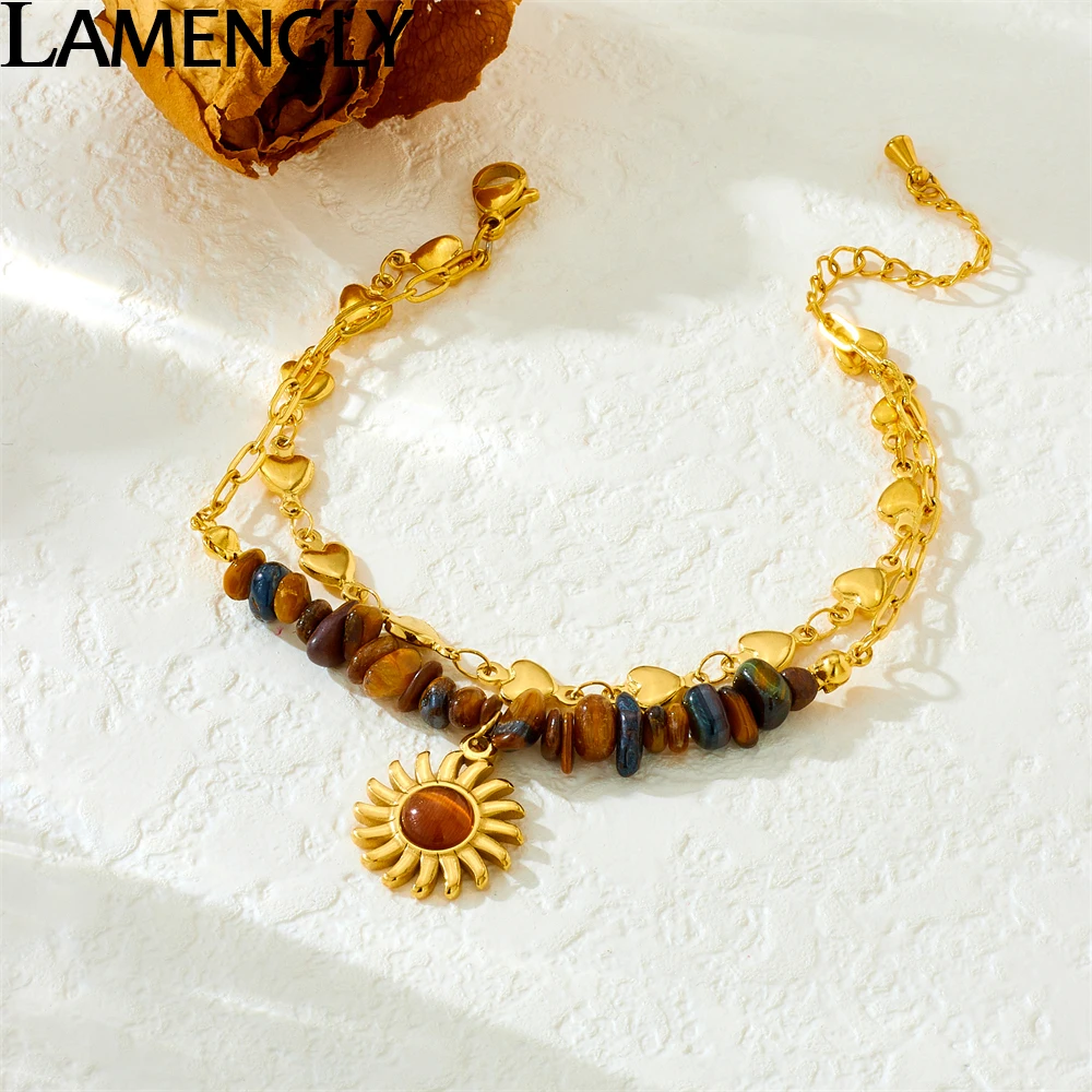 LAMENGLY316L Stainless Steel Heart-Shaped Bead Succinite Rotating Sunflower Bracelet For Women Novel Chic Non-Fading Wrist Chain