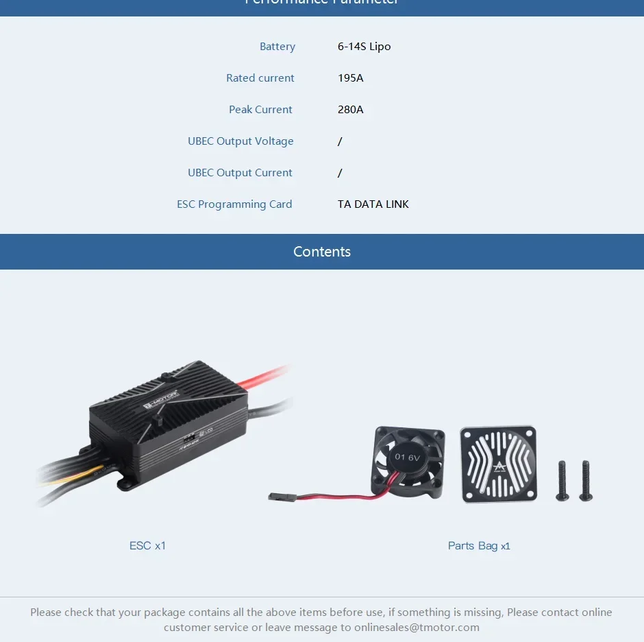 T-Motor Asa Fixa ESC para Desafio Destemido, VTOL, AT195A, 6-14S