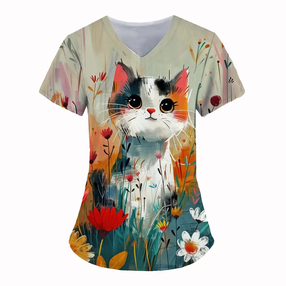 Medical Uniform For Women Cute Cat 3D Print V-Neck Clinical Uniform Short Sleeve Tops Patch Pocket Surgical Women's Uniforms Tee