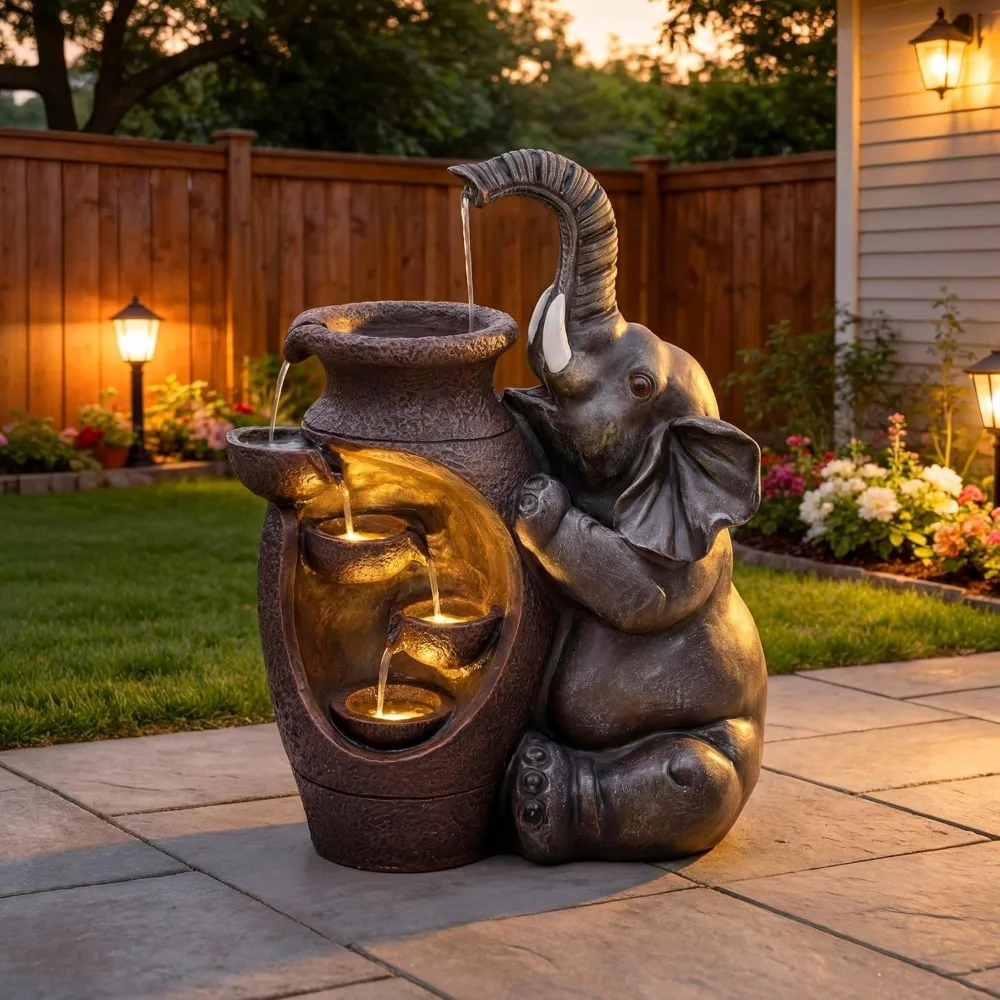 

US Shipping Elephant Jar Water Fountain Outdoor Rustic Farmhouse Feature with Cascading Waterfall for Garden Patio Yard Deck