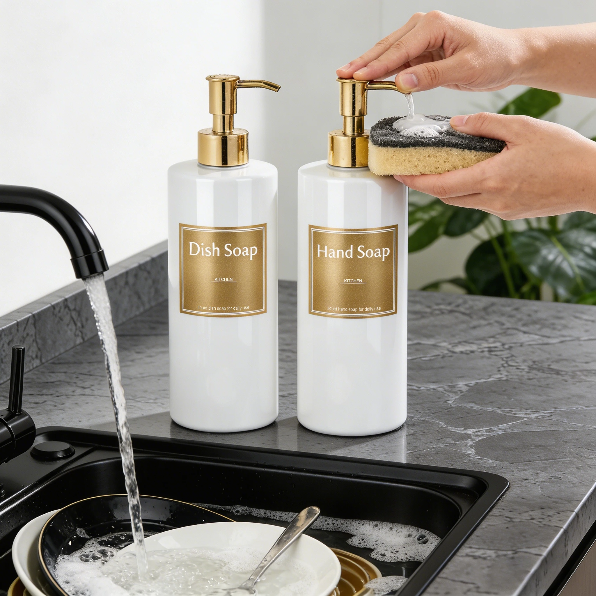 Bathroom Kitchen Soap Dispenser, Refillable Pump Bottles, Elegant Vanity Decor to Storage Shampoo Conditioner Hand and Dish Soap