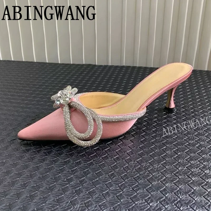 

Crystal Butterfly-knot Decor Kitten Heel Women Sandals Slingback Ladies Satin Sandals Summer Party Dress Shoes For Women Mujer