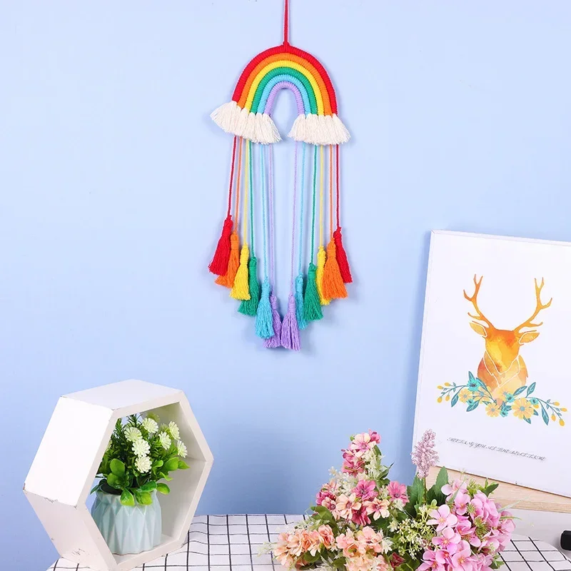 Rainbow Macrame Wall Hanging Decor Tassel Tapestry Nursery Kawaii Baby Room Decor Handmade Rope Crafts Home Decoration Ornament