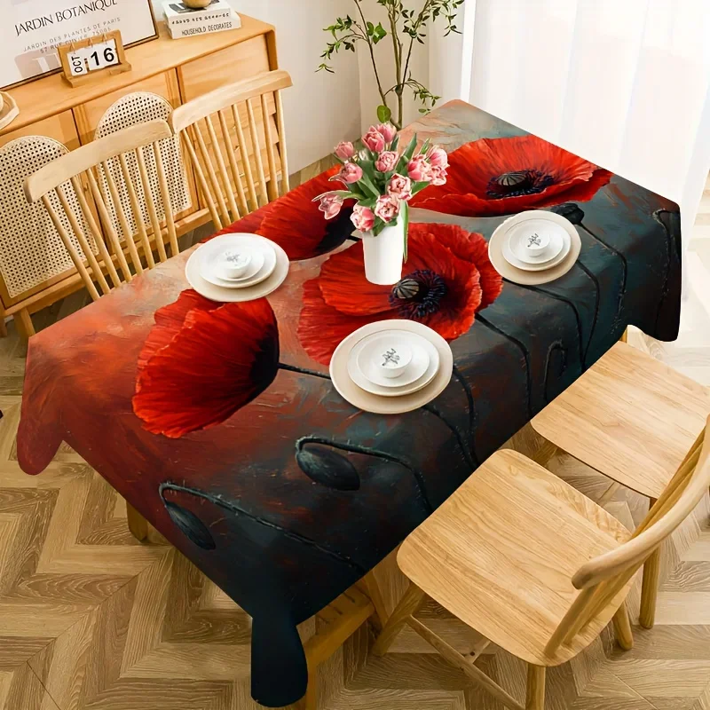 One modern decorative tablecloth with an oil painting pattern of red poppies, made of polyester material.