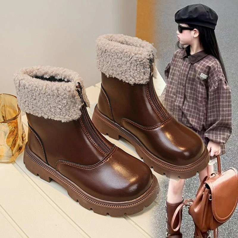 Children's Fashion Boots 3-18 Years Old Fall Winter Padded Thickened Boys Girls Cotton Shoes Soft Non-slip Kids Leather Boots