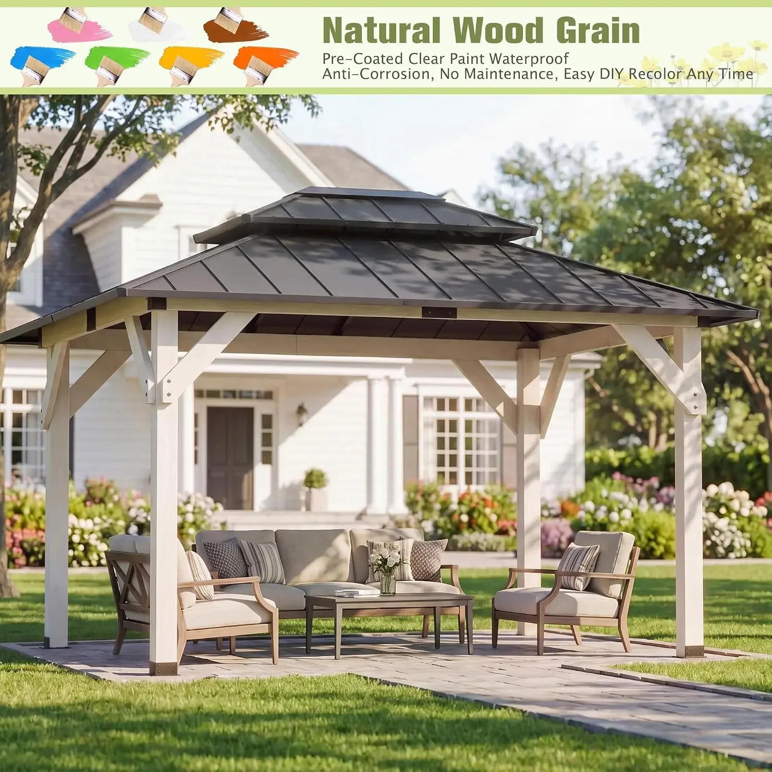 10' x 12' Wooden Gazebo,Patio Hardtop Gazebo Wood,DIY Color Permanent Pavilion with Galvanized Steel Double Metal, Customized