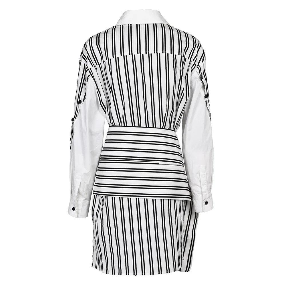 INS Striped Women's Shirt Dress Autumn 2024 Lace Up Designer Long Sleeves Casual Fashion Streetwear Shirt Skirt 100% Real Photo