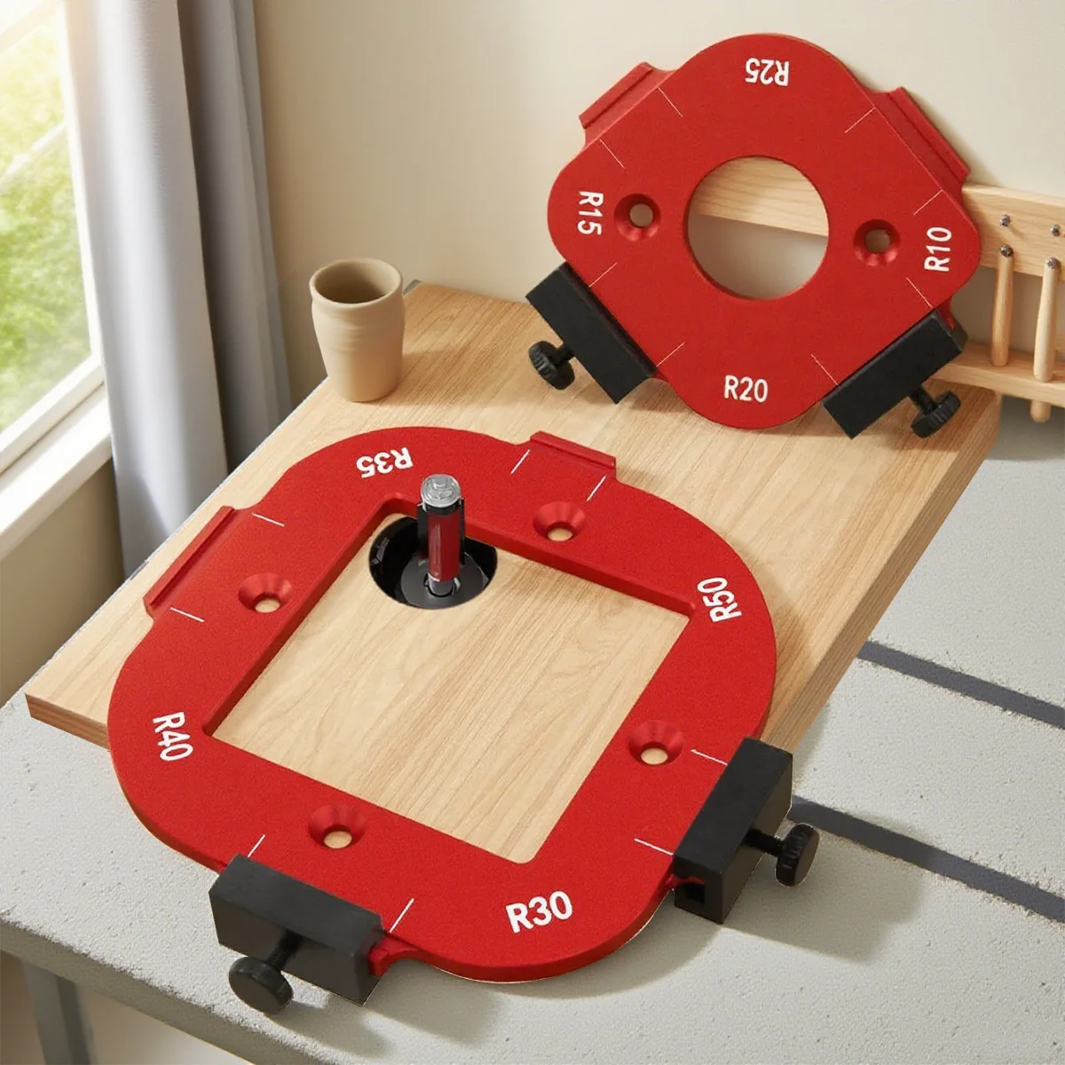 مجموعة قوالب نصف قطر الزاوية المستديرة من الألومنيوم - مساعدة طاولة التوجيه لأعمال النجارة، أداة تساعد على قطع القوس مع مشبك قابل للإزالة، مقاسات R10-R50