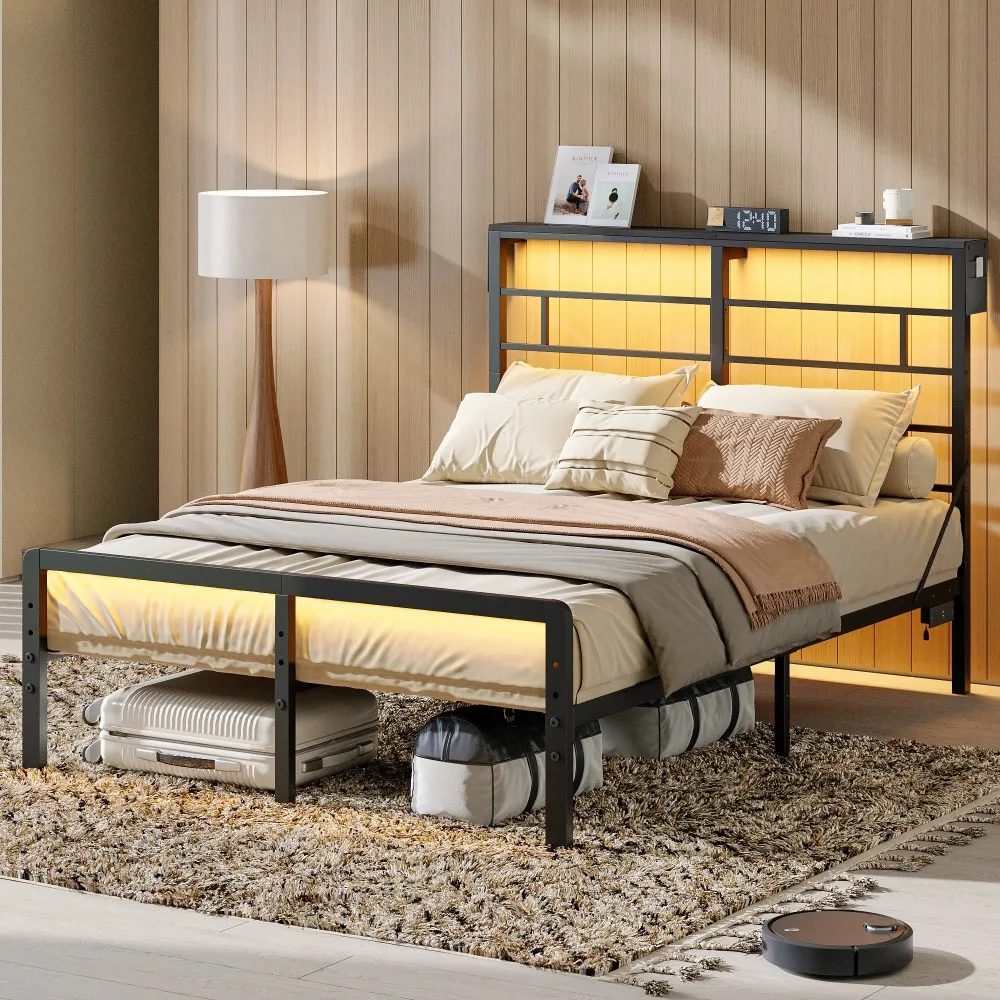 Queen Size Metal Platform Bed Frame with LED Headboard & Charging Station, Adjustable Under Bed Storage, RGB Light Strips, Beds image 6