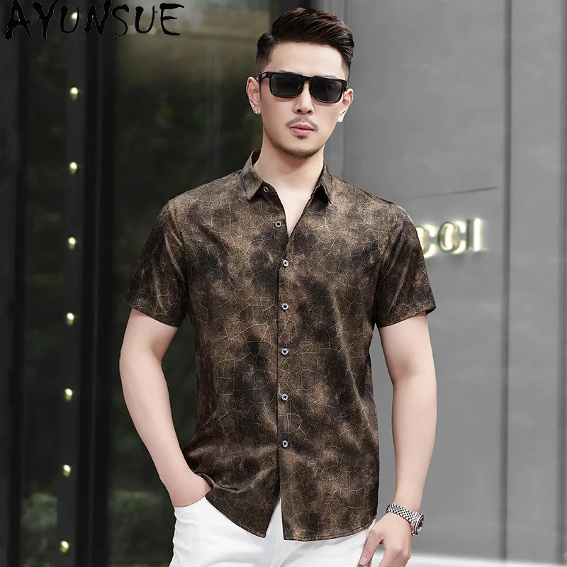 AYUNSUE 92.5% Mulberry Silk Shirts for Man Summer Fashion Clothing Printed Short Sleeve Tops Casual Business Silk Men Shirt 셔츠