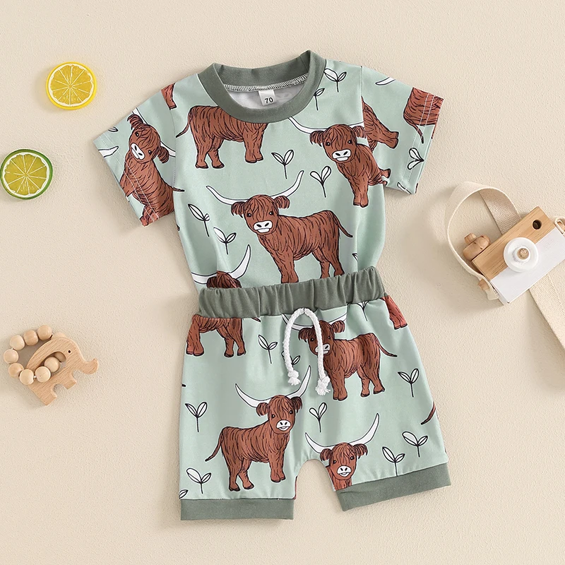 Western Baby Boy Summer Outfit Cow Print Short Sleeve T-Shirt Top and Shorts Set 2Pcs Cowboy Outfits