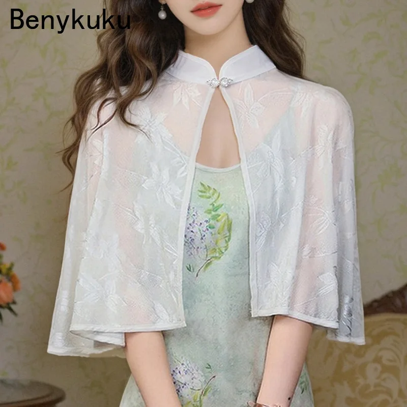 Vintage Cape Shawl for Chinese-style Cheongsam Bolero Sun-protective Blouse Summer 2025 Women Coat Short Retro Stylish Cloak