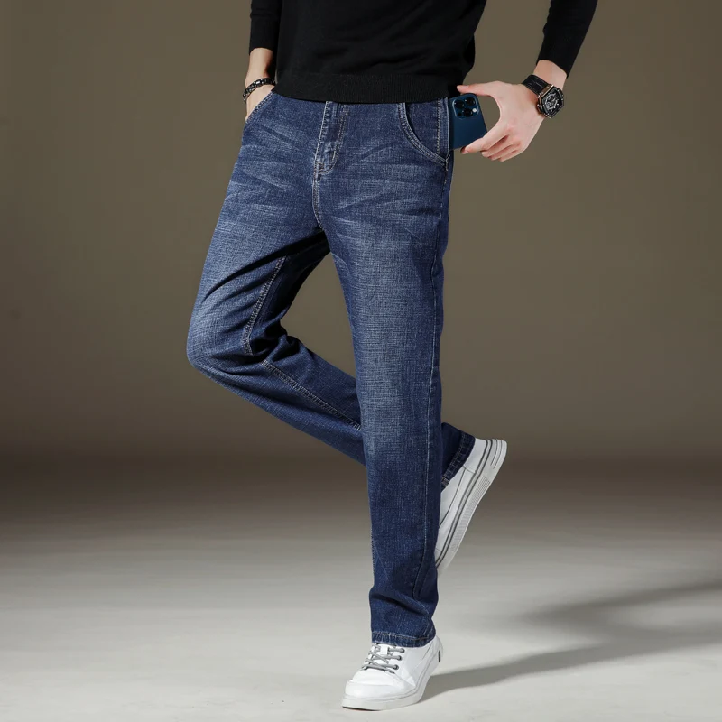 

Осенне-весенние прямые свободные джинсы с карманом на молнии, классические деловые повседневные мужские эластичные джинсы больших размеров со средней и высокой талией