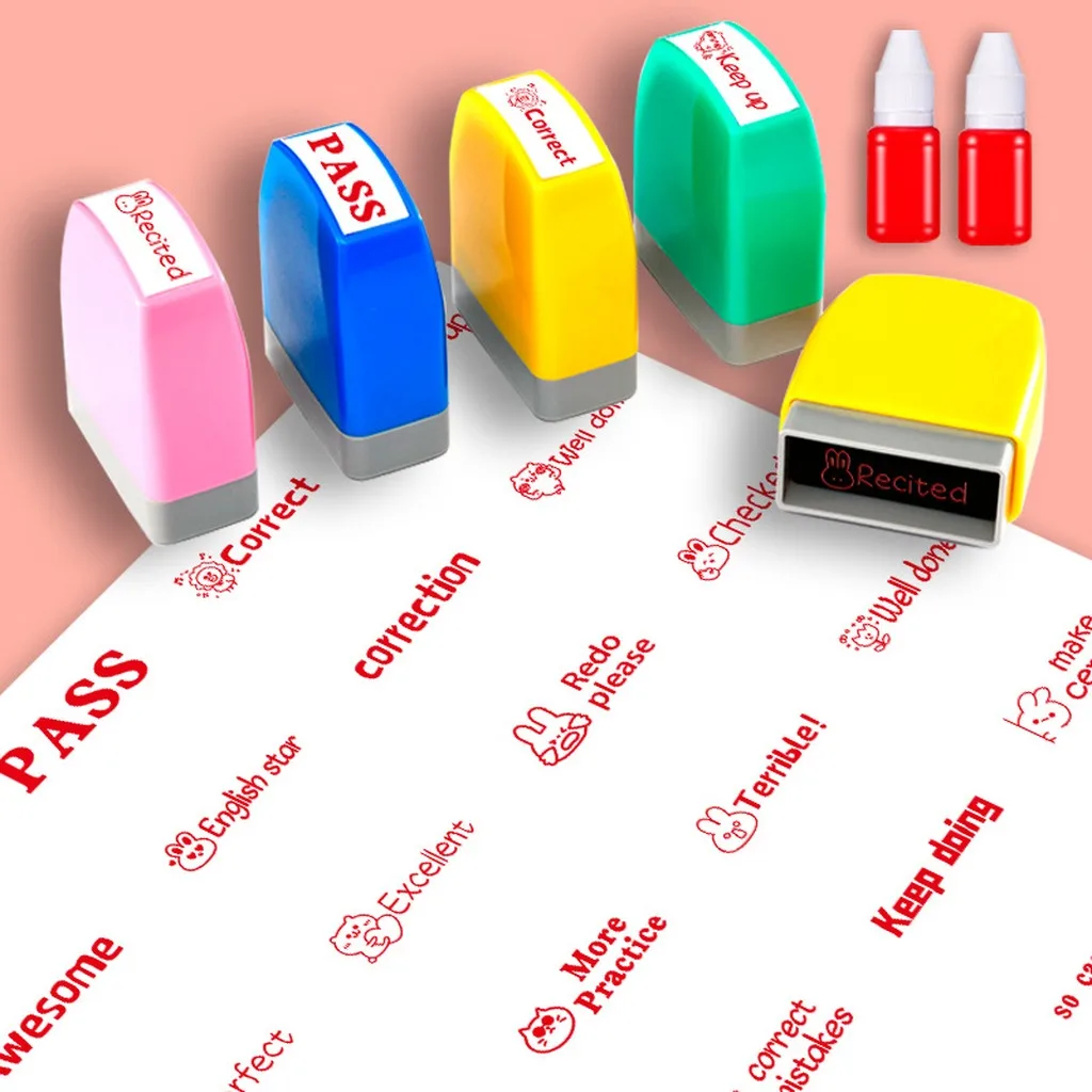 Pre-Inked Photosensitive Evaluation Stamp for English Teachers Grading Homework Encouraging Students With Extra Refill Ink