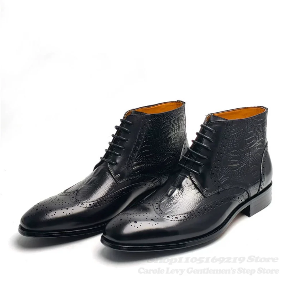 Luxury Genuine Leather Business Boots for Men Round Toe Retro Printing Comfortable Lace Up Handmade Black Fashion High Top Boots