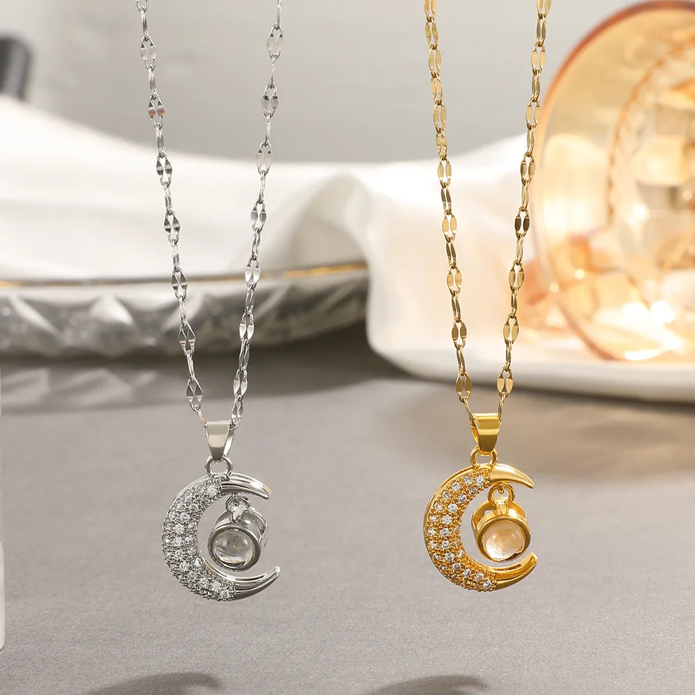 Diamond-Encrusted Moon Projection Necklace for Women Luxury Fashion Elegant I Love You in 100 Languages Stainless Steel
