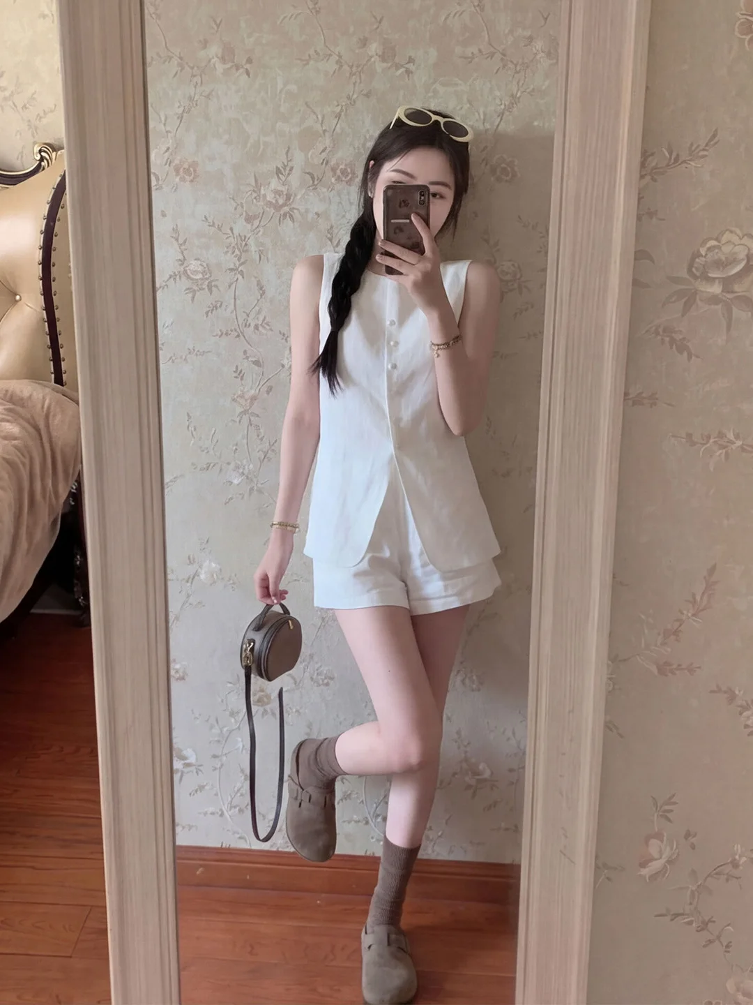 Casual Sleeveless Women's Vest Set High Waist Shorts Two-Piece Suit White Button-Up Summer Fashion Ensemble Polyester Fiber