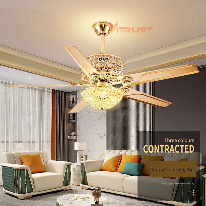 Tuya Smart Crystal Ceiling Fan LED Light Gold Chrome Strong Wind Ceiling Fan Lamp Bedroom Living Room 42in 52Inch Remote Control