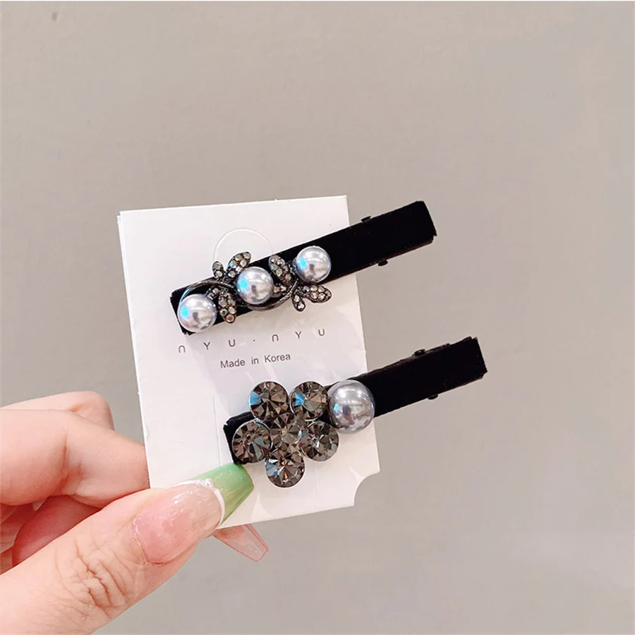 New fashion retro rhinestone velvet black bangs clip high-end side clip duckbill clip women\'s back head pearl hair accessory