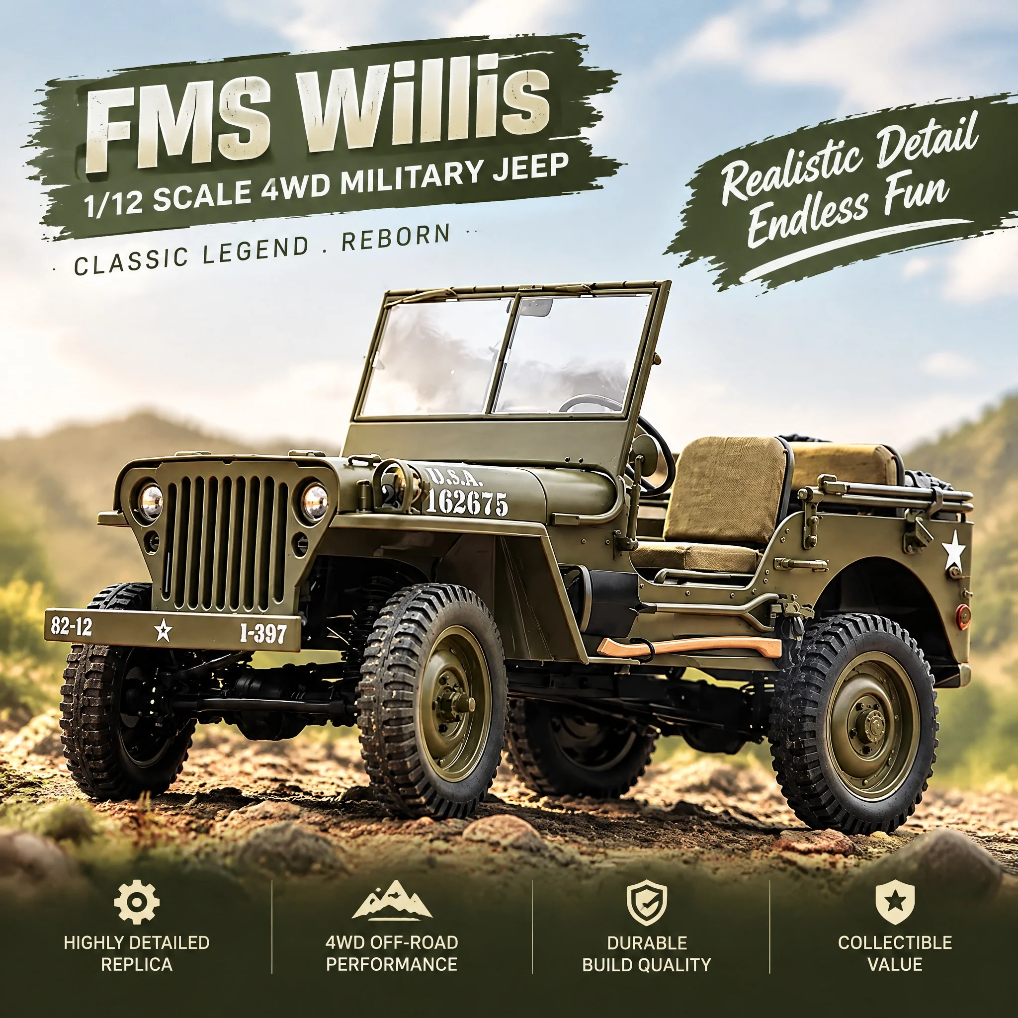 FMS 1/6 Climber RC Rock Crawler, Realistic Willys Styling,  Large-Size 4WD Electric Remote Control Off-Road Hobby Model for fans