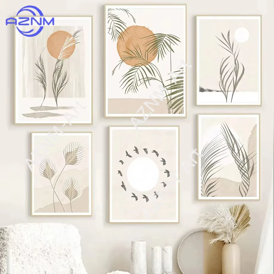 1PC ，Leaves Sun Green Plants Abstract Boho Wall Art Canvas Painting Nordic Posters Mid Century Modern Print Picture Living Room