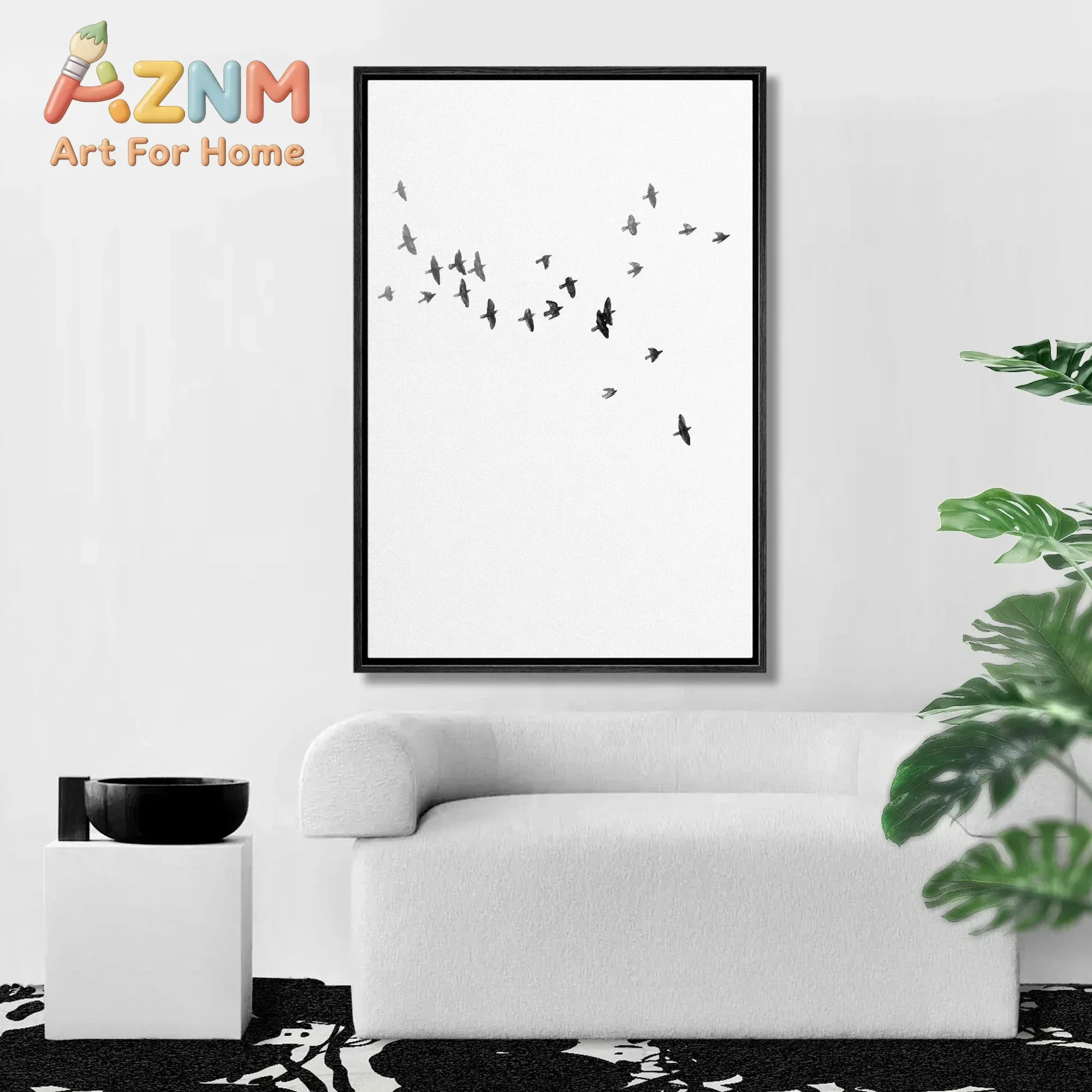 AZNM Pastel Ocean Seaside Canvas Wall Art Flying Birds Flock Minimalist Sky Sea Print Poster Calm Coastal Home Decor