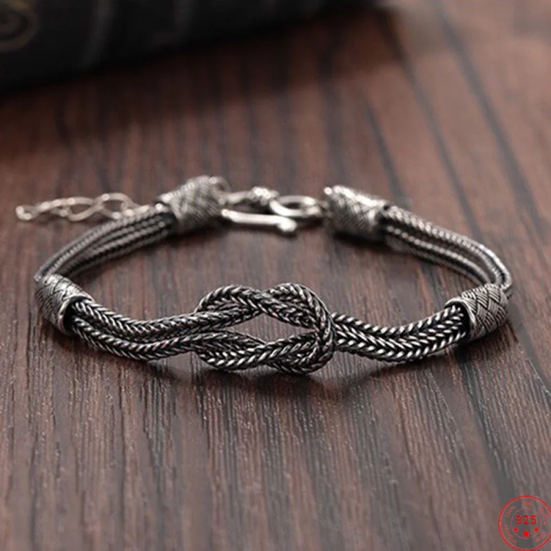 S925 Sterling Silver Bracelets for Women Men New Fashion 8-knot Handmade Weaven Horsewhip-chain Adjustable Length