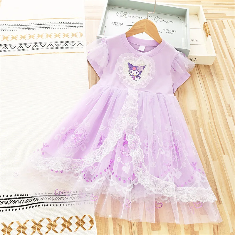 

Sanrio Kuromi Princess Dress For Baby Girls 2024 Summer Kids Cartoon Short sleeved Mesh Party Costume Fashion Children Clothing