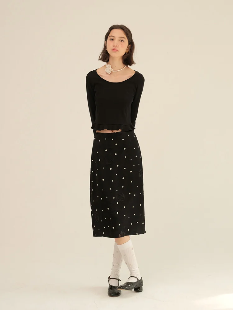 

MintCheese Romantic Rose Hollow out Polka Dot Smooth Straight f Skirt High Waist Commuter Vintage Knitted Midi Skirt