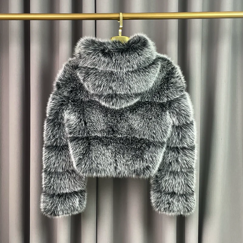 Winter Warm Ladies Fake Fox Fur Jacket Short Fashion Hooded Artificial Fox Fur Coat High Quality Women's Cropped Fur Coat Black