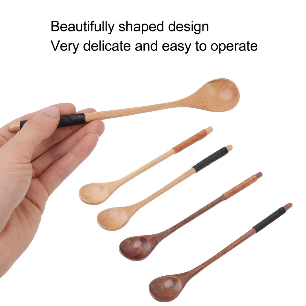 4Pcs Wood Main Body Coffee Spoon Thread Wrapped Handle Solid Stirring Scoop Smooth Polished Anti Slip Hand Grip Tea Spoon