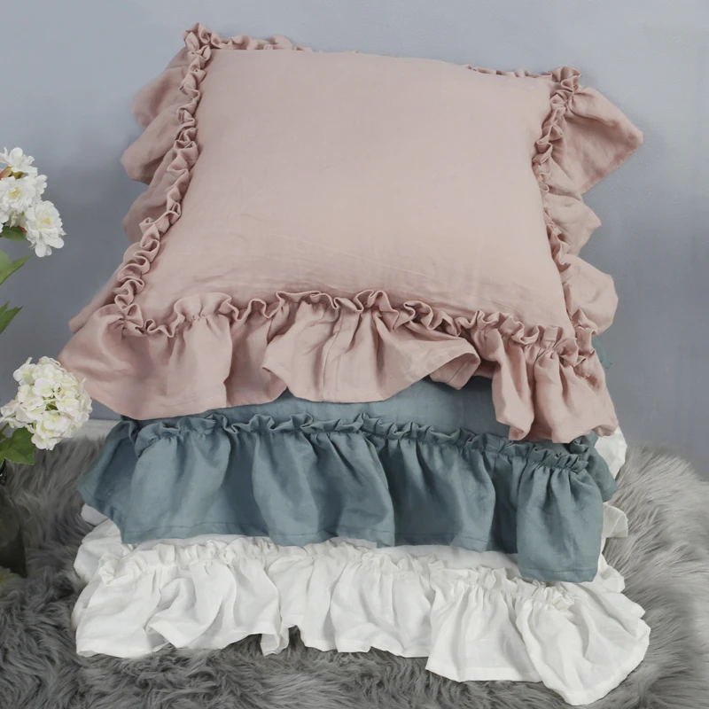 Pure Linen Edge Ruffled White Pillowcases, Bedding Pillow Covers, Zipper Closure Sham Cushion Cover, Solid Color No Filling