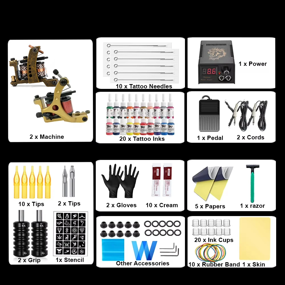 Complete Coils Tattoo Kit Liner Shader Machine Power Supply Inks with Tattoo Needles Accessories Set for Tattoo Beginner Kit