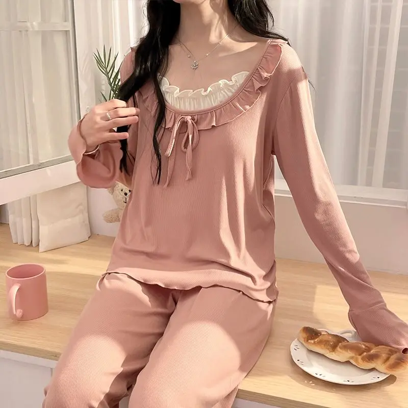 أطقم بيجامات قطنية مشروط بأكمام طويلة لربيع وخريف 2026 للنساء ملابس نوم كورية لطيفة بفيونكة ملابس منزلية ملابس بيجاما موهير #6