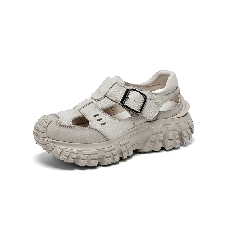 Women Genuine Leather Wedges Sandals Summer Thick Sole Platform Hollow Out Breathable Shoes Lady Casual Sneakers Sandals