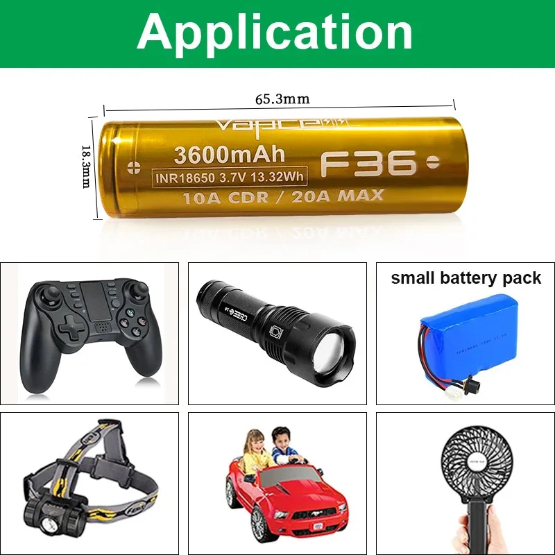 High quality Vapcell F36 INR 18650 Battery 3600mah Capacity CDR 10A Max 20A 3.7V  Rechargeable Li-ion battery For Flashlight