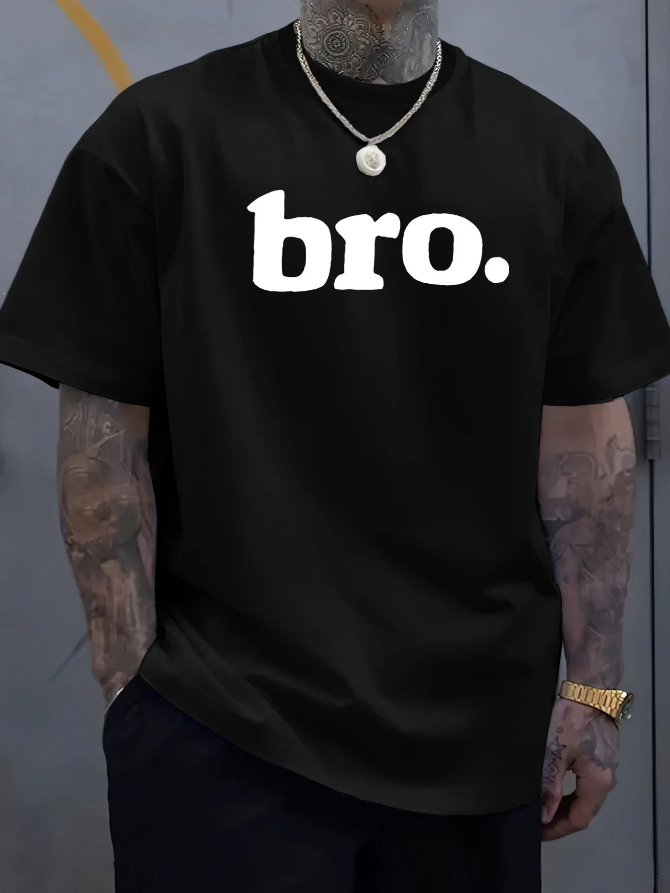 Simple Bro Letter Graphic Casual T-Shirt Men Street Black Crew Neck Short Sleeve Loose Great Summer Staple Tee