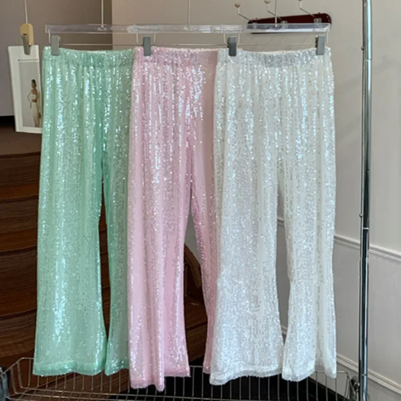 

2025 Summer New Crystal Sparkling Sequins Sweet Versatile Casual Niche Chic Women's Loose Wide-leg Straight Pants