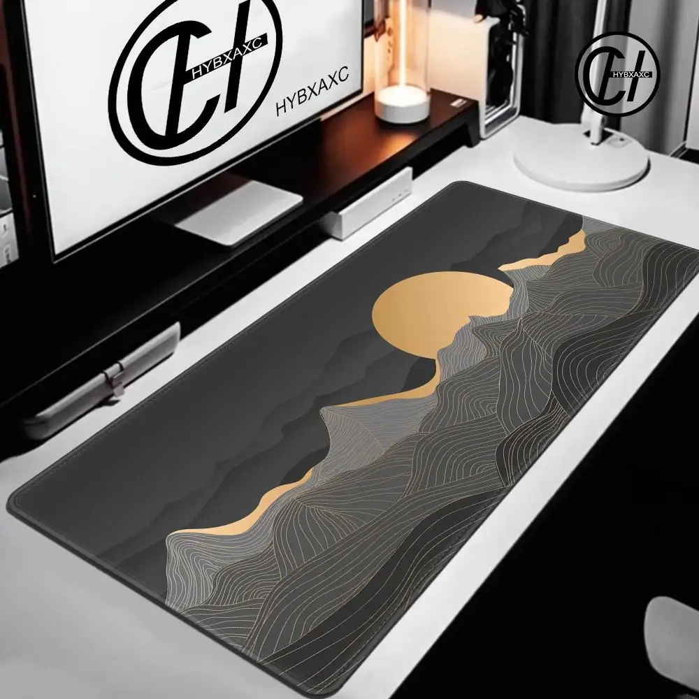 120x60 Japanese Desk Mat Black&Gold Mousepad Abstract Mountains and Moon XXL Gaming Mouse Pad Computer Accessories Lock edge Mat