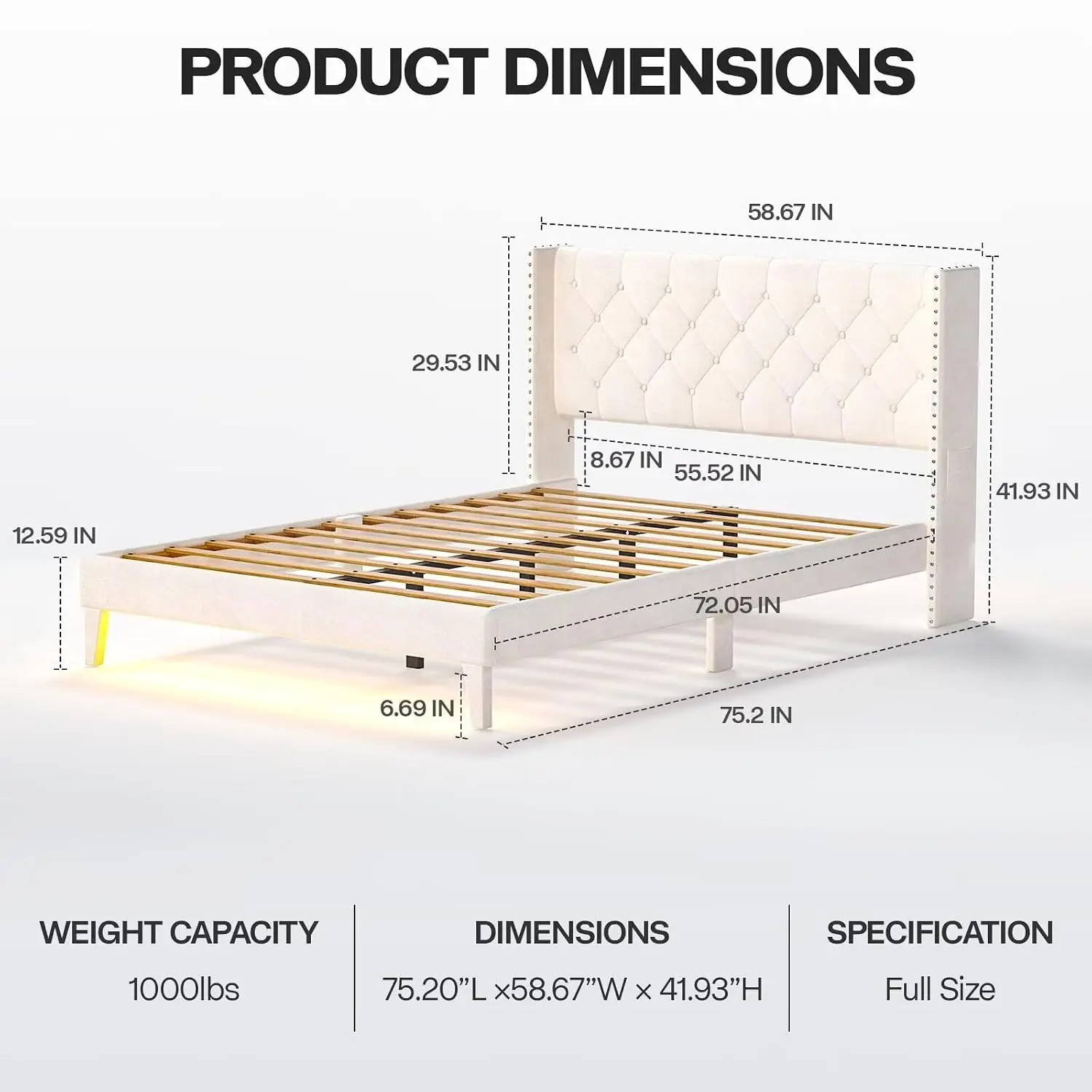 Full Size Bed Frame with Led Lights, Upholstered Velvet Platform Bed Frames with Button Tufted Wingback Headboard, Customized