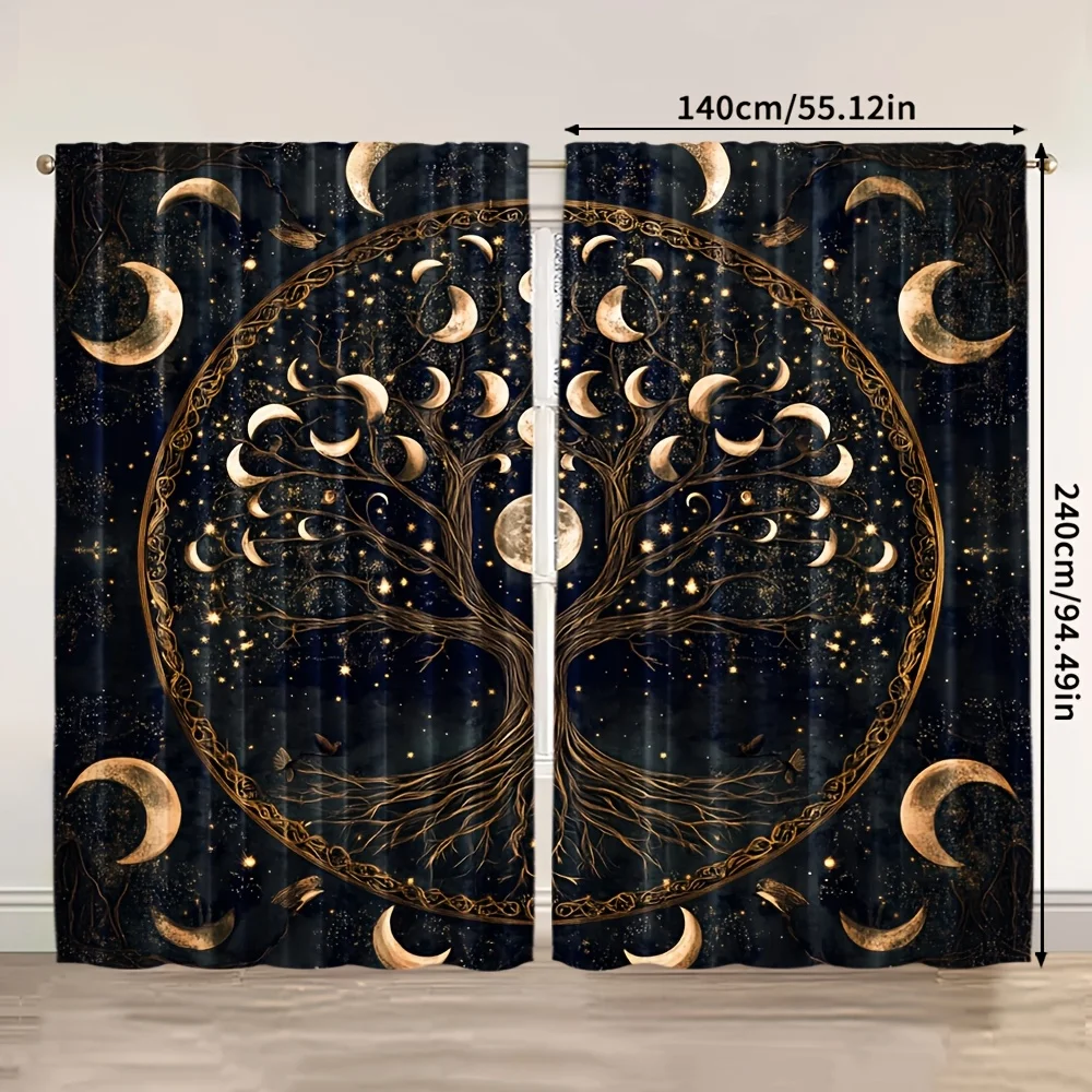 2pcs Tree of Life Moon Print Curtains Starry Night Pattern Mystical Style Polyester Window Drapes for Bedroom Living Room
