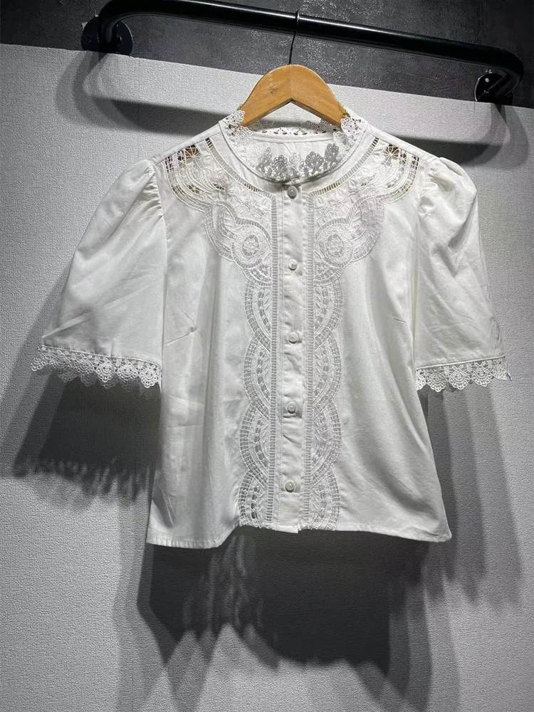 White Women Short Sleeve Blouse Embroidery Stand Collar Single Breasted Lace Hollow Out Ladies Casual Shirt 2024 Summer